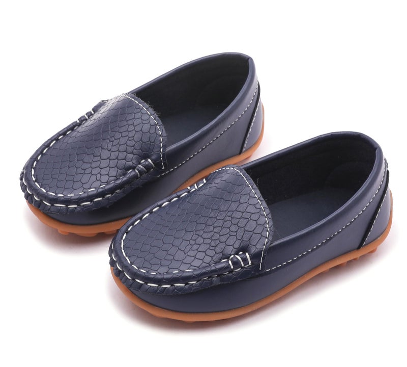 LONSOEN Toddler/Little Kid Boys Girls Soft Synthetic Leather Loafer Slip-On Boat-Dress Shoes/Sneakers,Deep Blue,SHF103 CN24 - Image 2